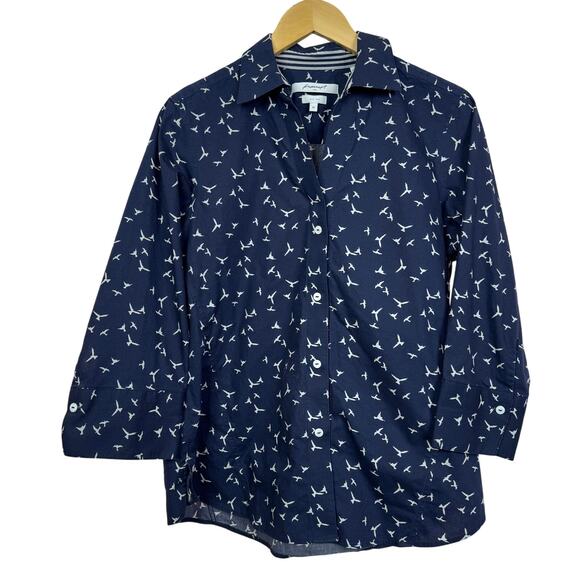 Foxcroft Button Up Bird Shirt Size M Blue Contrast Cuff 3/4 Sleeve - Picture 1 of 9